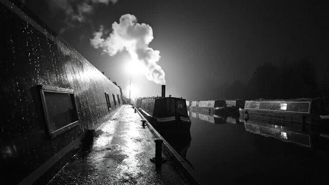 Black and white nighttime canal scene with boats and smoke rising into the sky creating a serene atmospheric landscape.