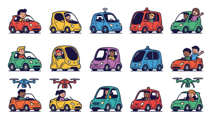Fototapeta premium Cute Cartoon Cars and Drones with People Driving, Flat Vector Style