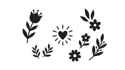 Fototapeta premium Black floral motifs vector design with heart and leaves arrangement