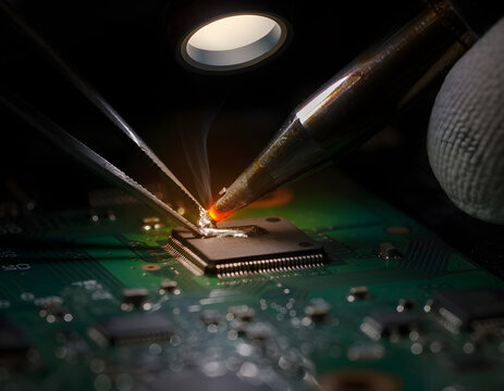 Macro Shot of Soldering Iron Melting Solder on Green Circuit Board Chip