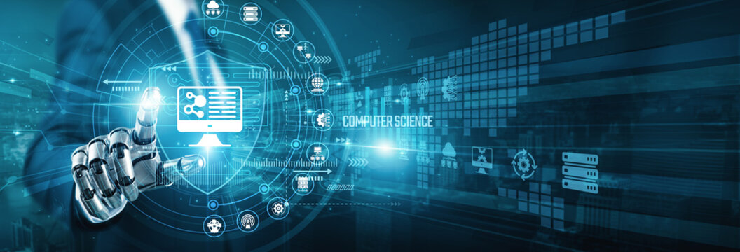Cyber robot hand touch logic shield COMPUTER SCIENCE concepts. Advanced algorithms and programming languages power modern software development and drive innovative technological progress.