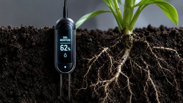 Digital soil moisture sensor probe measuring hydration level in soil near plant roots for smart agriculture