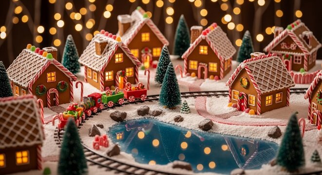 Whimsical gingerbread village with toy train and ice rink under twinkling lights.