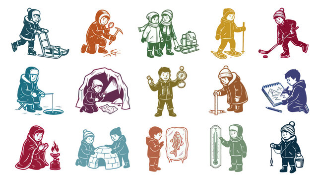 Arctic Winter Kids Adventure Line Art Illustrations Set - Children Exploring, Playing, and Learning Outdoors