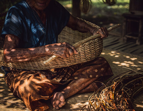 Indonesian Elder Woman Weaving Traditional Rattan Basket Cross-Legged on Mat