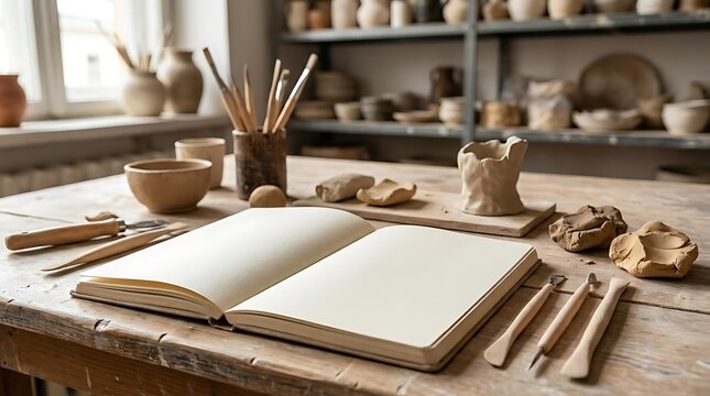 Creative process pottery studio workspace with open book and tools