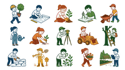 Fototapeta premium Kids Construction, Gardening, and Environmental Engineering Activities Hand-drawn Vector Set