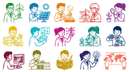 Fototapeta premium Science and Technology Professionals Line Art Illustrations. Diverse Scientists, Engineers, and Students Exploring STEM.
