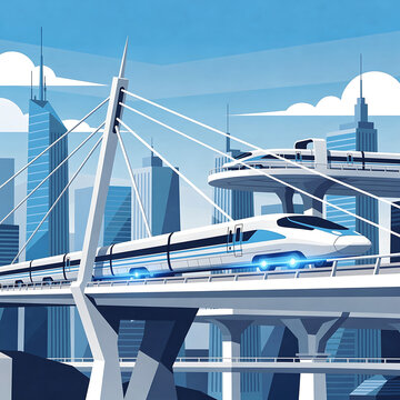 Modern high-speed train traveling on a cityscape bridge during the day