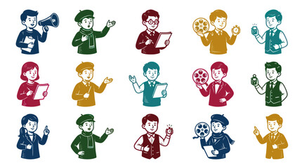 Fototapeta premium Cartoon Characters: Filmmakers, Directors, Actors Holding Film Reels, Megaphone