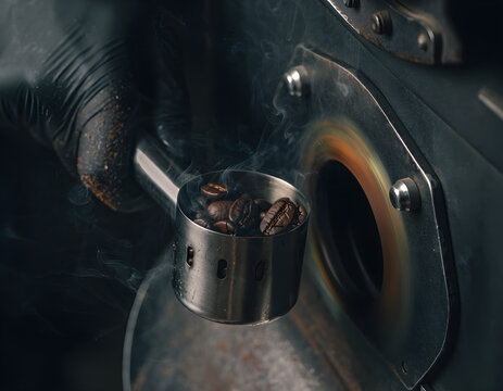 Macro Shot of Freshly Roasted Coffee Beans in Sample Tray from Industrial Roaster