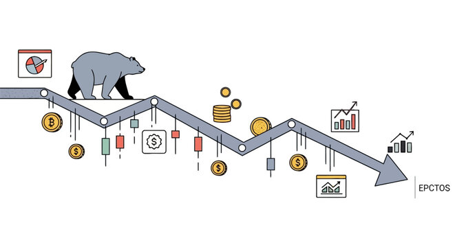 Bear walking along downward trending economic chart