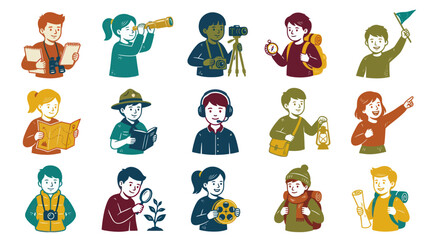 Fototapeta premium Textured Retro Style Illustrations of Young Explorers Learning, Studying, and Adventuring in Nature