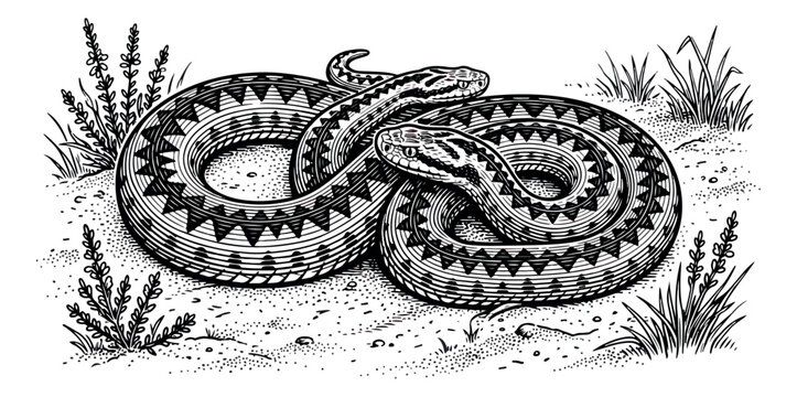 Vintage viper snake engraving, coiled venomous adder with zigzag pattern, antique biological illustration of a serpent in the wild