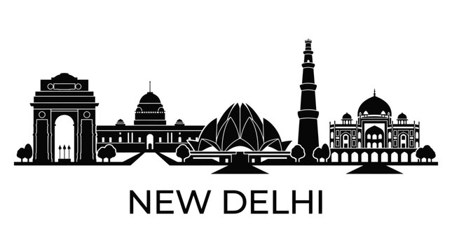 New Delhi Skyline Silhouette: India Gate, Parliament, Lotus Temple, Qutub Minar