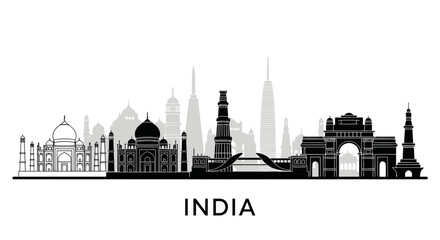 Obraz premium India Skyline Silhouette: Iconic Landmarks in Black and White