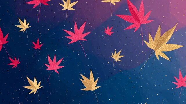 Japanese traditional asanoha pattern with drifting maple leaves in autumn crimson and gold on deep navy
