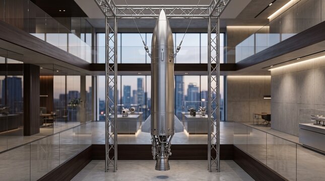A sleek silver rocket sculpture stands tall in a modern spacious office lobby with a cityscape view through large windows and glass walls surrounding a futuristic metal framework.