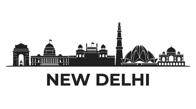 New Delhi Skyline Silhouette Black and White Iconic Landmarks | India