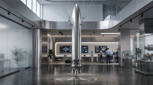 A sleek silver rocket stands tall in a modern spacious office lobby with people working