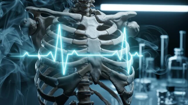 Anatomical human rib cage with glowing blue heartbeat pulse and drifting smoke in laboratory. Medical concept clip showcasing diagnostic health monitoring, biology research, and human anatomy.