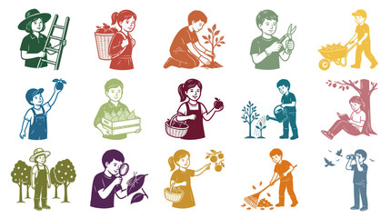 Fototapeta premium Vintage Line Art Vector Set: People Gardening, Farming, and Nature Exploration Illustrations