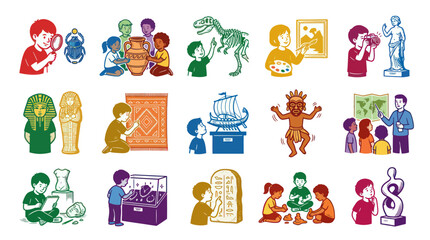 Fototapeta premium Flat Vector Museum Education Icons: Kids Learning History, Art, and Culture Activities