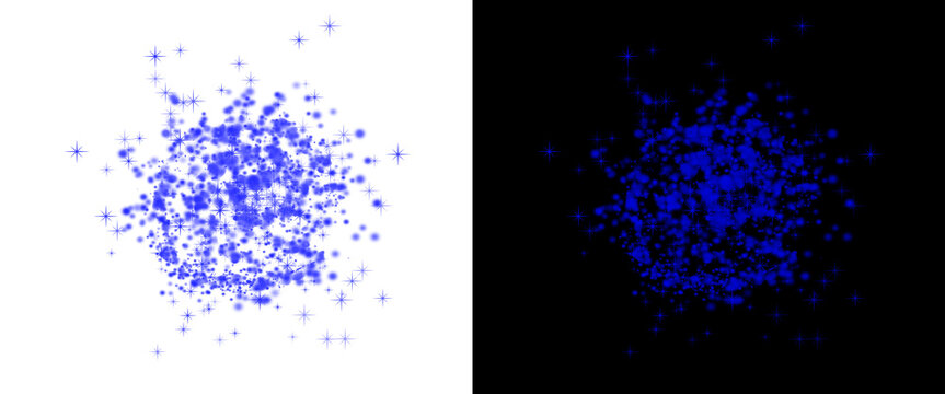 Abstract blue particle explosion on white and black background, digital splatter effect, glowing dust spray texture for creative design