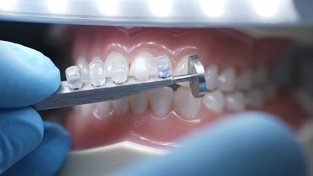 Dentist using a dental shade guide for tooth whitening color matching. Professional dental exam procedure with precise ceramic color comparison tool for veneers and restoration on dental model.
