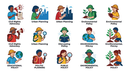 Fototapeta premium Civic Engagement Policy Kids Flat Vector Illustration Set: Environmental, Urban Planning, Education.