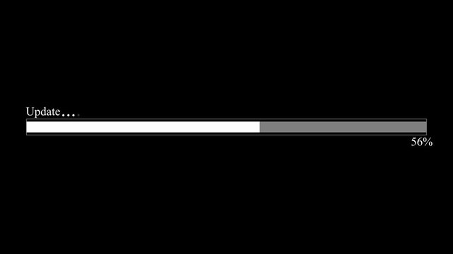 Digital update progress bar animation with percentage counter on black background, loading