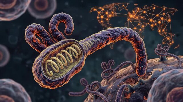 Fatal biological threat: ebola virus, global spread, infectious agent, deadly pathogen, microbe structure, pandemic risk, virulent contagion, molecular biology, medical research, health emergency.