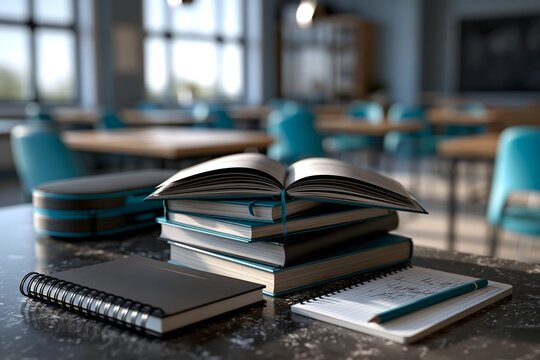 Offene B&uuml;cher und Notizhefte im modernen Klassenzimmer mit Tageslicht