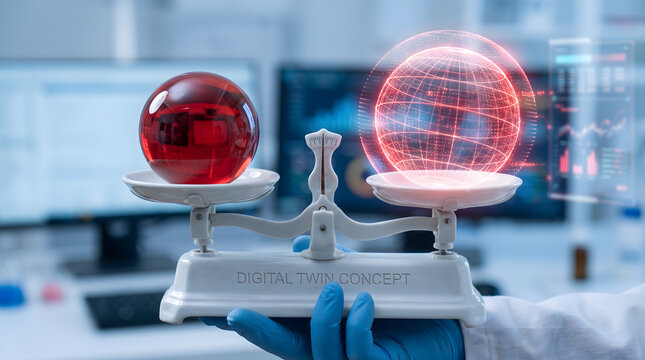 Industrial digital twin concept with abstract mirror orb on high-tech scale platform