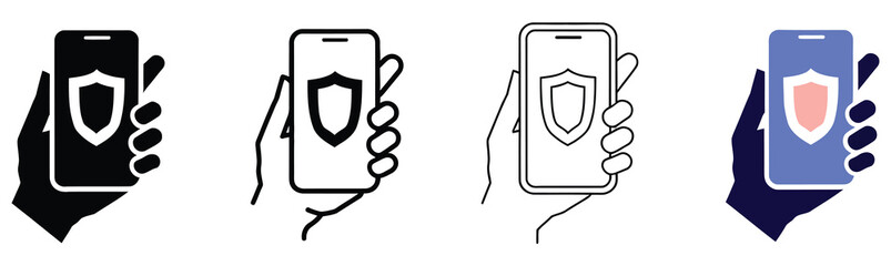 Hands Holding Mobile Devices with Shield Signs in Line Art Styles for Concepts Vector Designs ©      