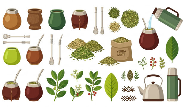 Premium yerba mate vector pack with herbal tea gourds bombilla and botanical elements