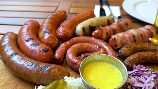 delicious Caucasian cuisine with grilled handmade sausages chorizo and bacon barbecue on picnic serve wooden platter sauce pickles salad beer rustic hospitality smoky summer gathering traditional meal