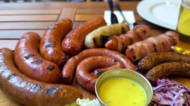 delicious natural organic grilled sausages platter USA Seattle high quality healthy barbecue party gathering in outdoor dining wooden platter rustic beer assortment artisanal meat smoky summer picnic