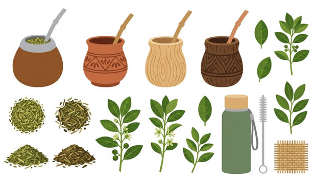 Yerba mate vector illustration set with traditional gourd bombilla and botanical leaves isolated on white