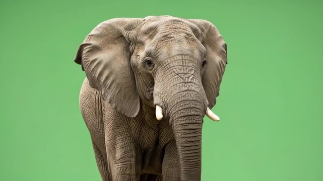 A majestic african elephant portrait isolated against a vibrant green background