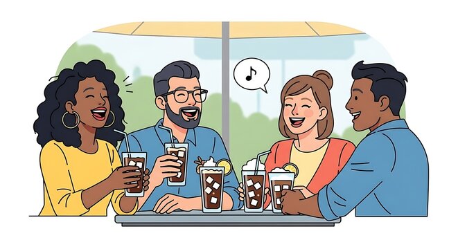 Friends Laughing with Cafe.