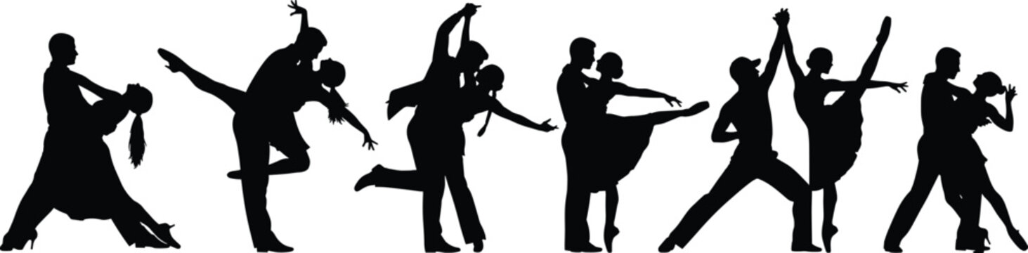 Silhouette dancing couples performing ballroom dance, tango, waltz, salsa, romantic dancers in motion, vector illustration of partner dance poses
