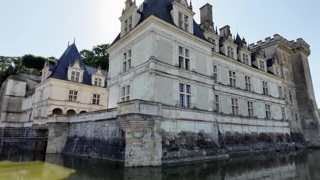 Side view of Ch&acirc;teau de Villandry reflected in the surrounding moat canal in the Loire Valley, France