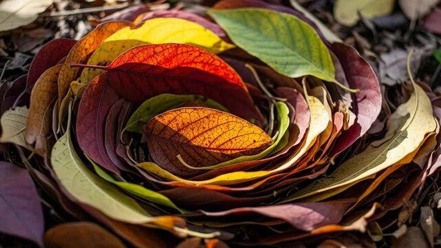 A vibrant circular arrangement of colorful autumn leaves on the ground