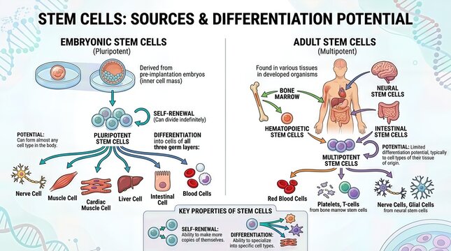 Stem cell biology, illustrating pluripotent embryonic progenitor differentiation into specialized tissue, showing adult multipotent precursor lineage, demonstrating self renewal capability.