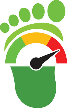 Carbon Footprint Eco Concept with Speedometer Gauge Meter Arrow Pointing to Red Section inside Green Human Foot Track Vector