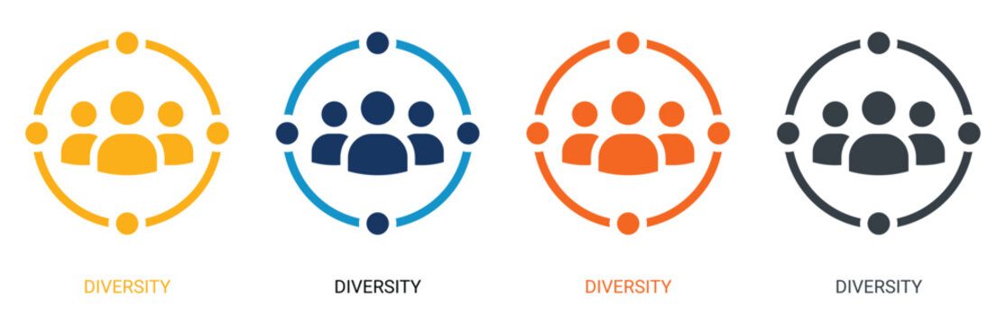 Corporate diversity and inclusion solid icon set, business team group inside a connecting circle network, multicultural workplace equality and unity vector.
