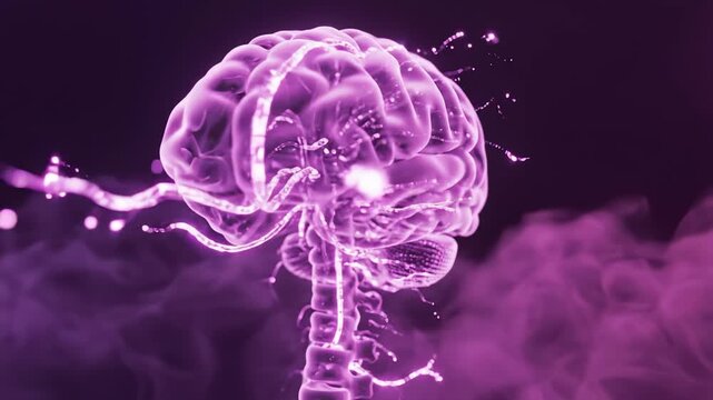Human brain anatomy showing neural network activity, purple glowing digital visualization of cognitive processes and central nervous system functions in medical research motion graphic.
