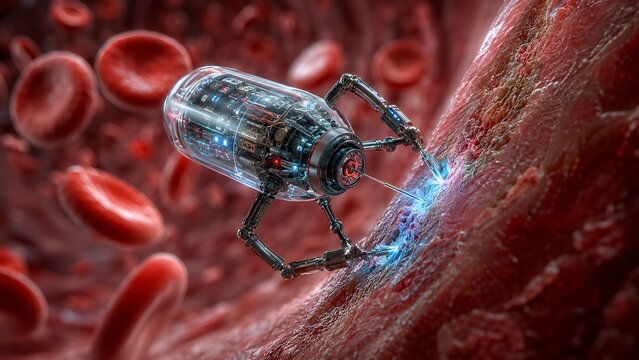 Futuristic medical nanobot performing cellular repair inside human blood vessel surrounded by red blood cells