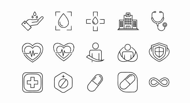 Collection of Medical and Healthcare Icons in Line Style.
